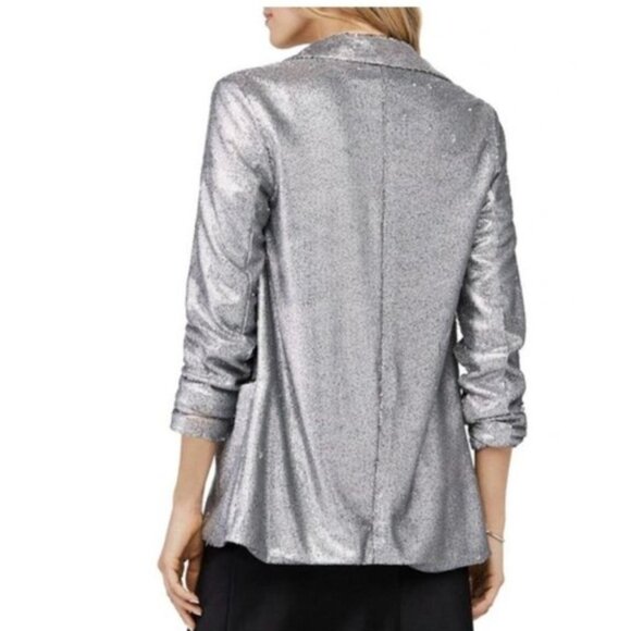 David Lerner Hailey Oversized Blazer Jacket Ruched‎ Sleeves Silver Sequin Size S - Picture 9 of 10